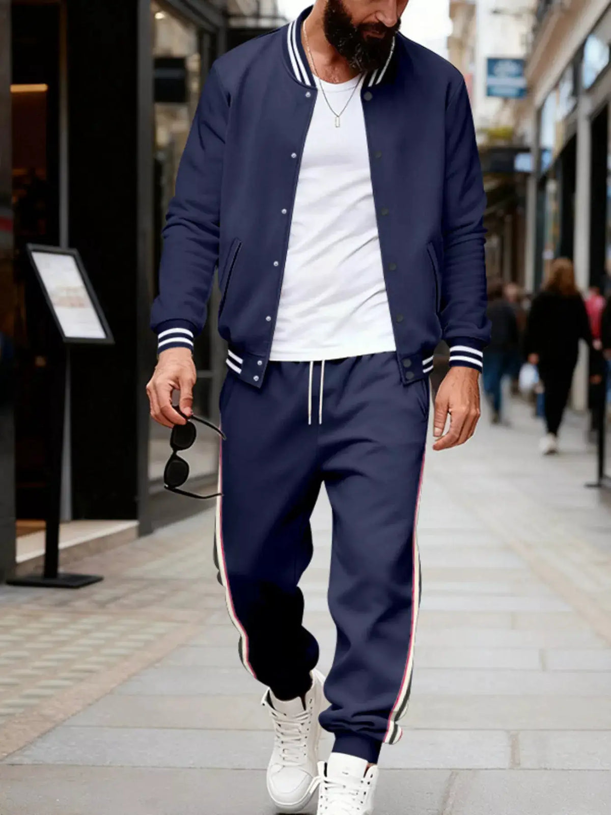 Mens striped snap-front loungewear set in navy with pockets and drawstring waist; Trendsi