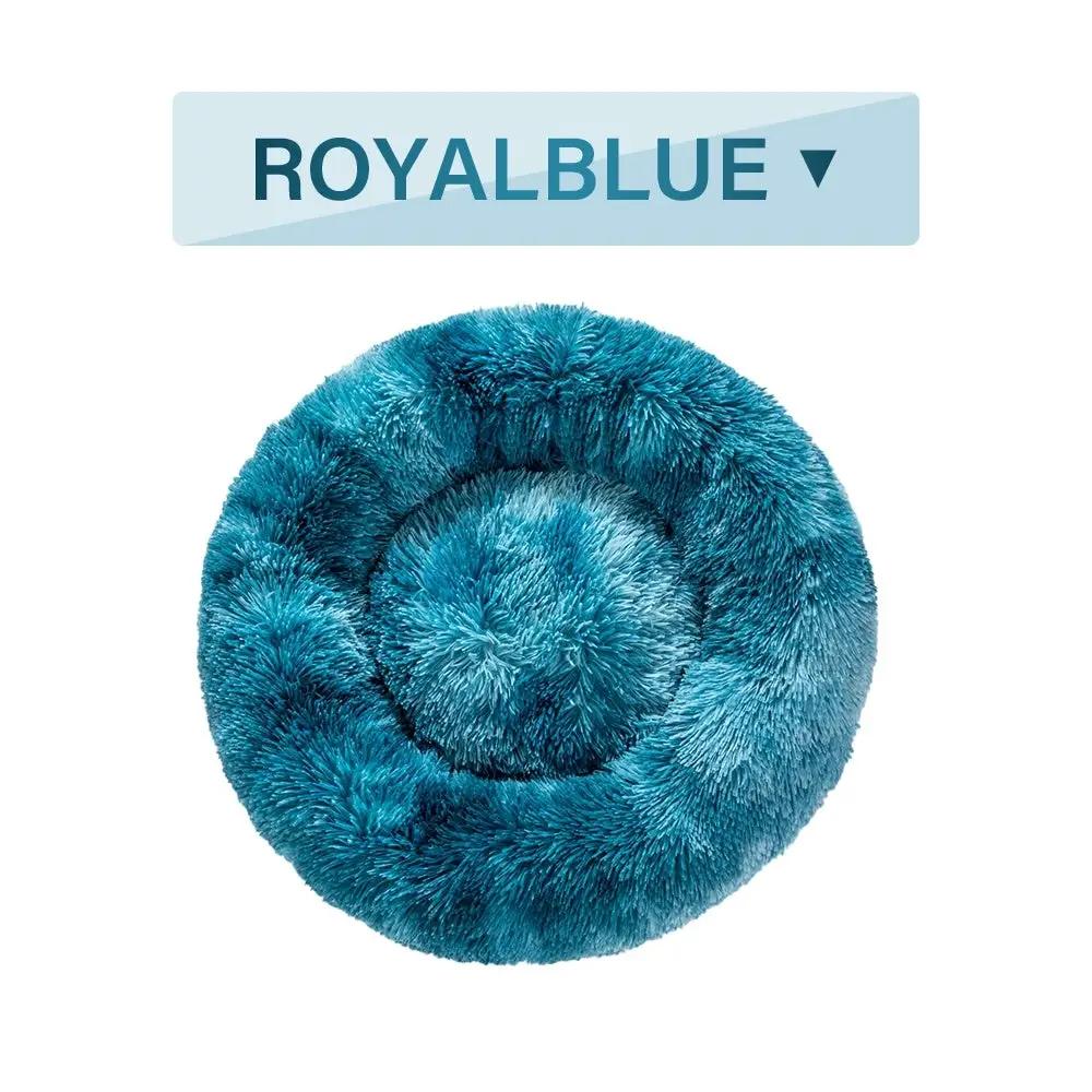 Fluffy donut dog bed in teal blue long plush, round pet cushion by RoyalBlue