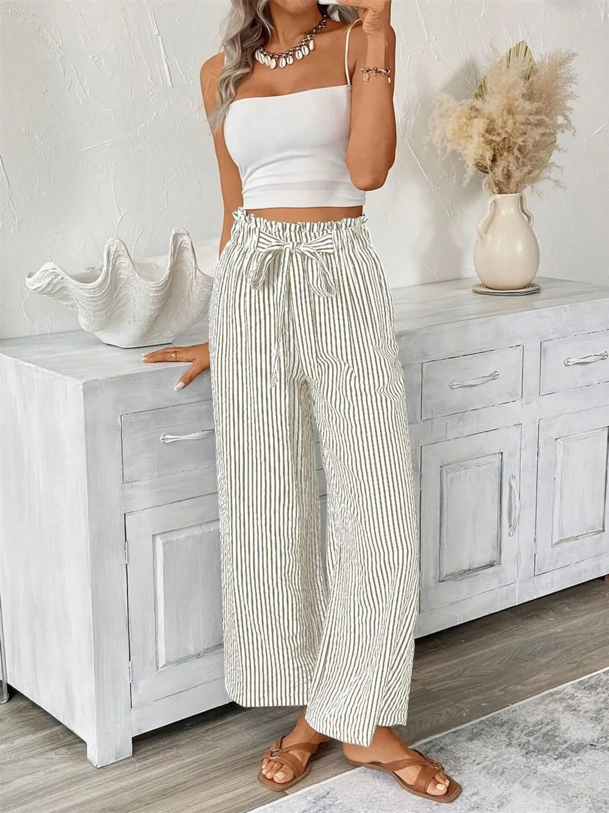 Palazzo pants Trendsi plus-size striped wide-leg paper-bag white with black vertical stripes, pocketed with tie waist