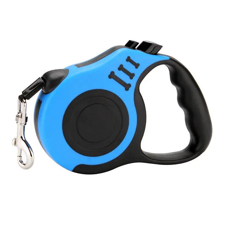 AdTec pet automatic retractable leash in blue with black grip and metal clip.