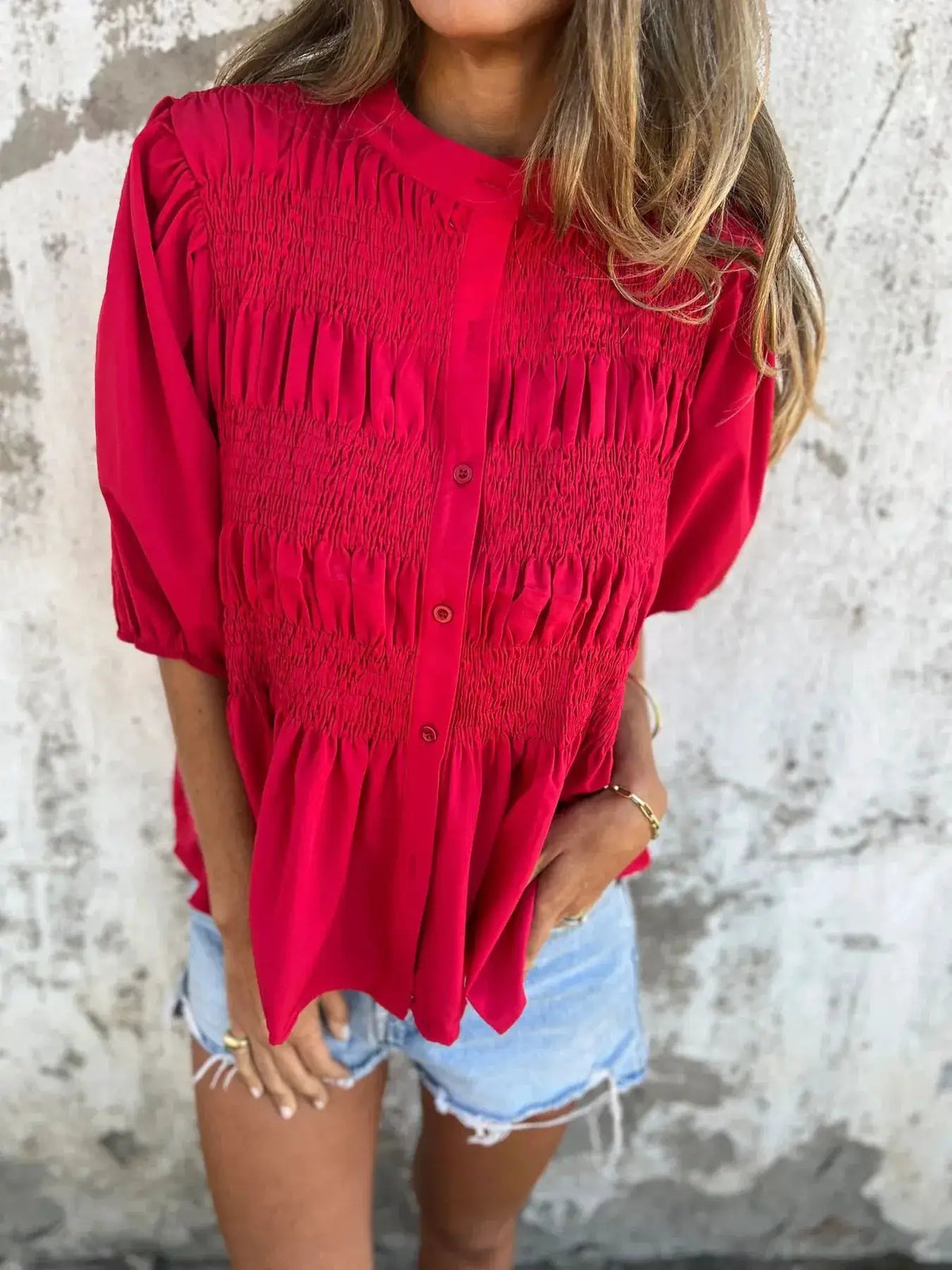 Full Size Smocked Puff Sleeve Blouse Plus Size by Trendsi in red with front button placket