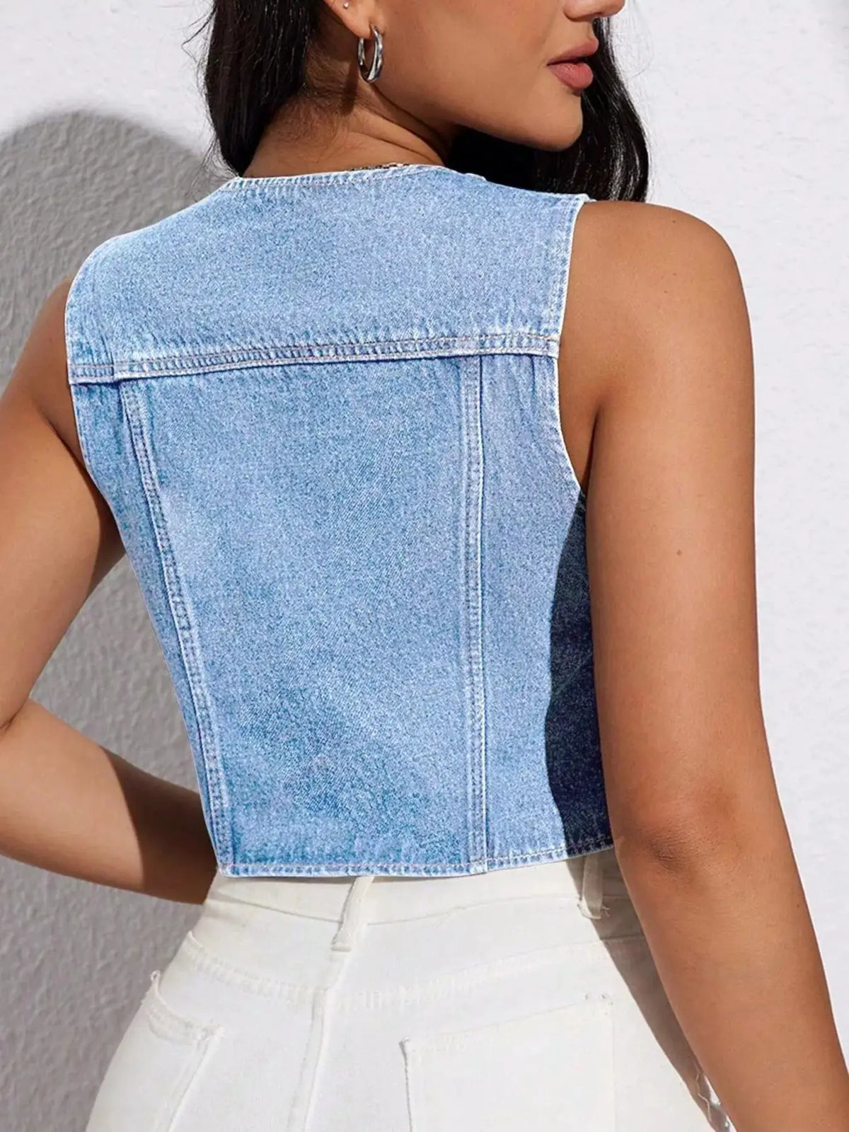 Womens Tie Front Denim Vest With Side Pockets Cotton Blend, light-wash denim, back view
