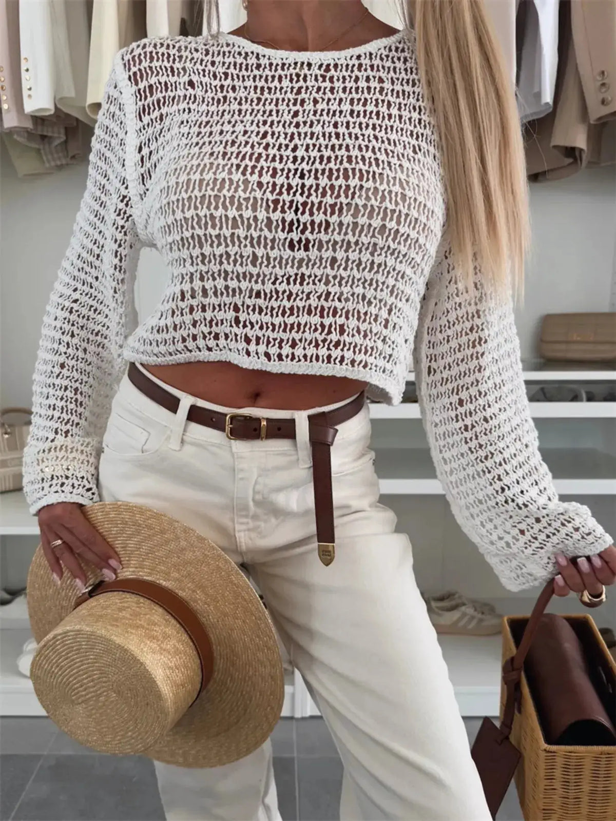 Lightweight breezy openwork knit bikini cover-up top, cropped white long-sleeve by Trendsi