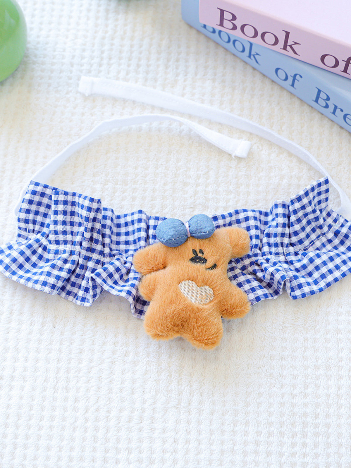 Contrast Pet Scarf by Trendsi in blue gingham with orange teddy charm and white strap