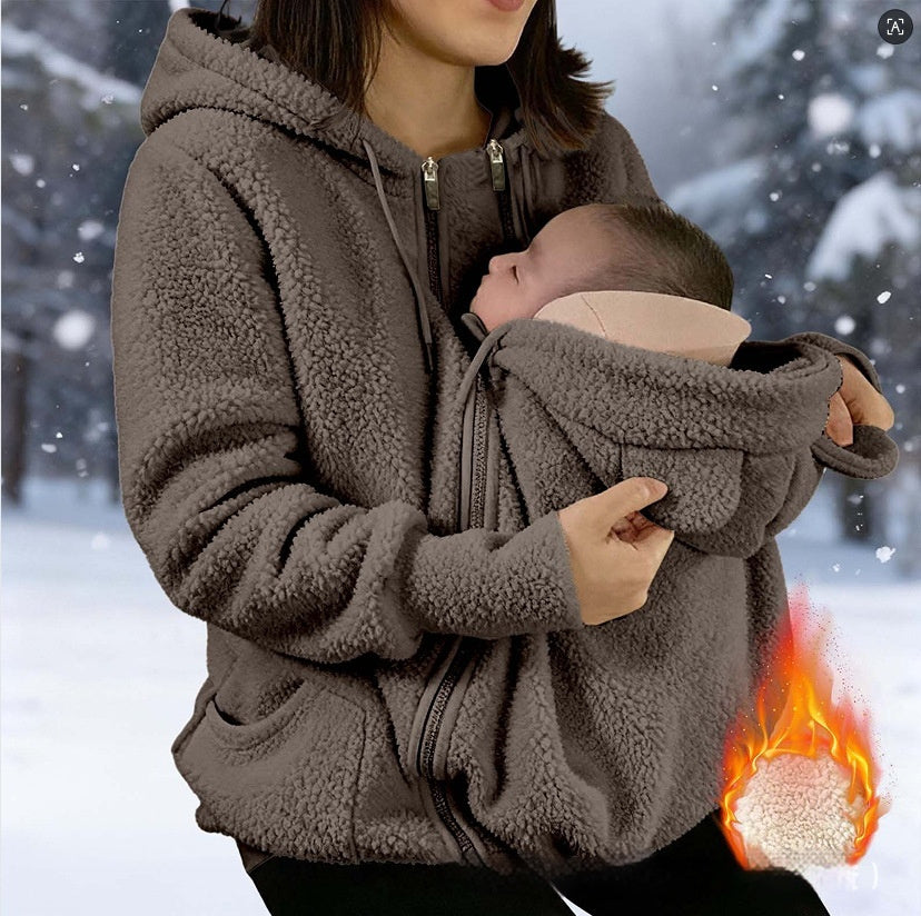 Corduroy hooded sweatshirt nursing hoodie; gray with zip front and front pockets, mom holding baby.