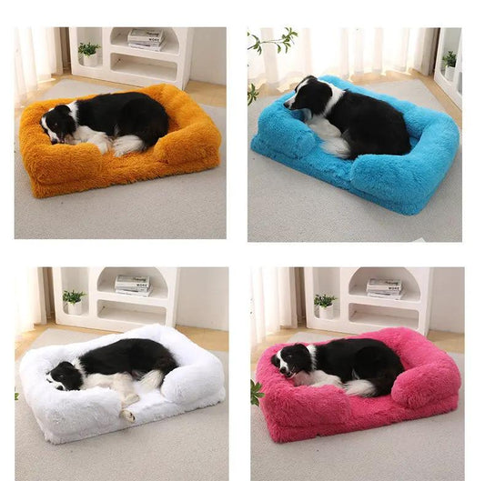 Plush round dog bed by AdTec in orange, blue, white, and pink; four color variants with a resting dog.