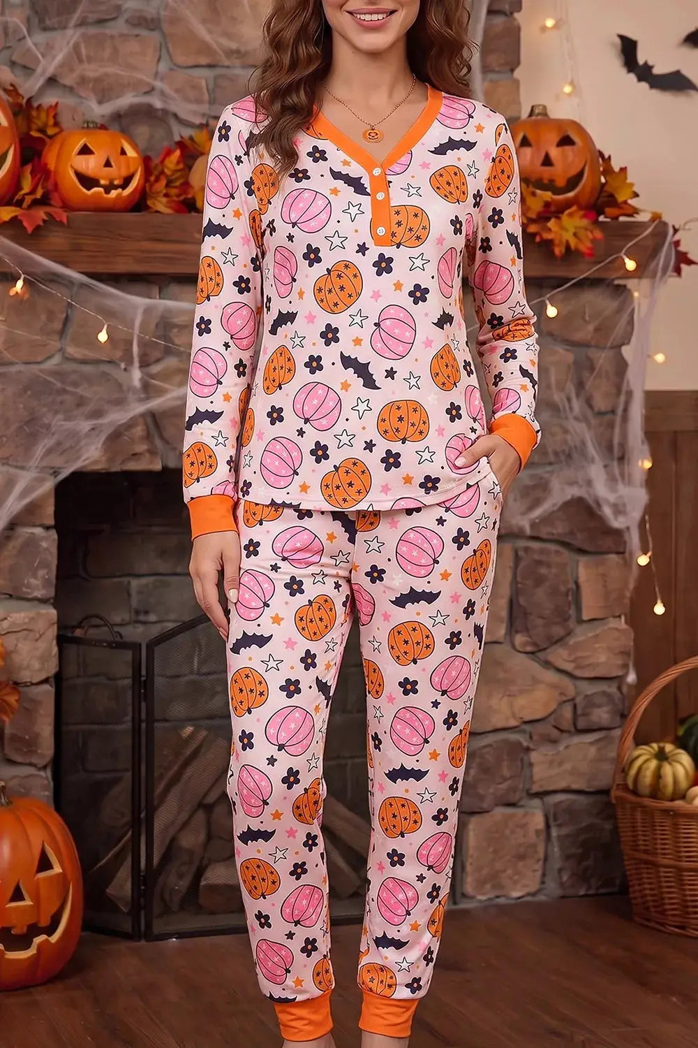 Halloween pink-and-orange pumpkin-print 2-piece lounge set with long-sleeve top and orange trim