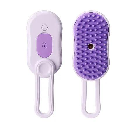 AdTec 2-piece Cat Steam Brush 3-in-1 electric grooming kit with purple massage brush and sprayer