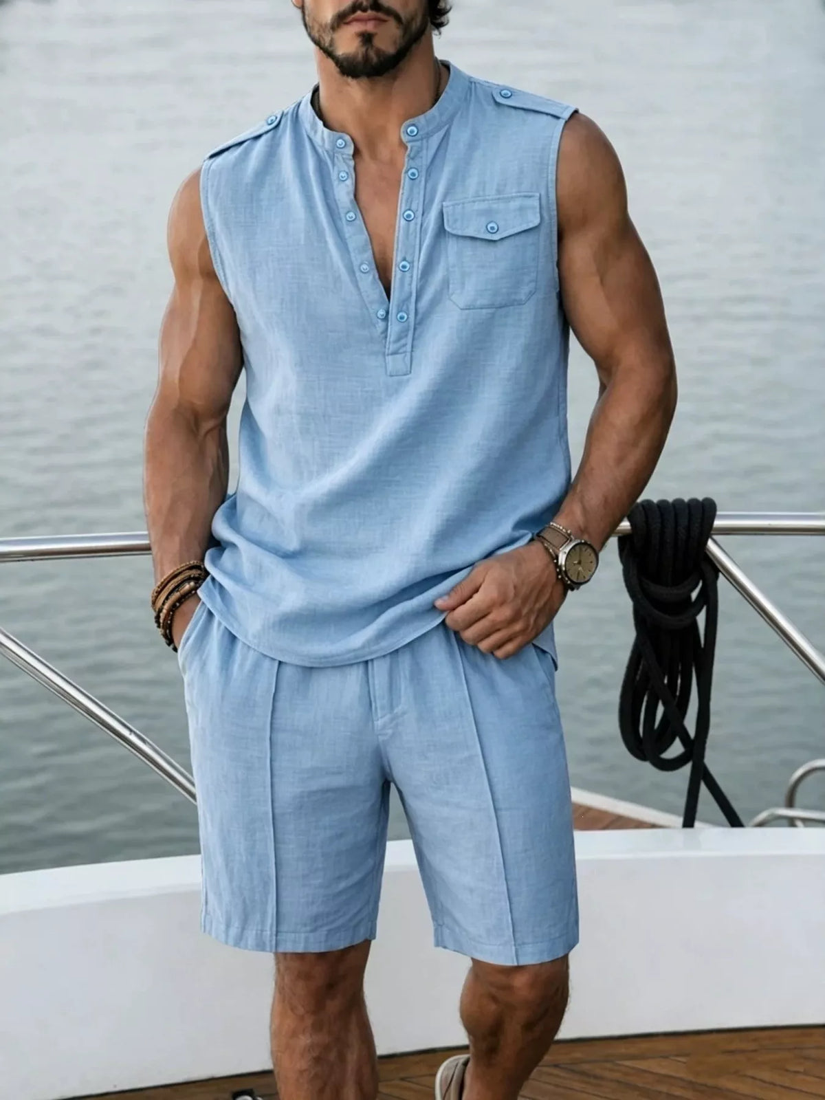 Plus-size men's sleeveless top and shorts two-piece set in light blue, by Trendsi.