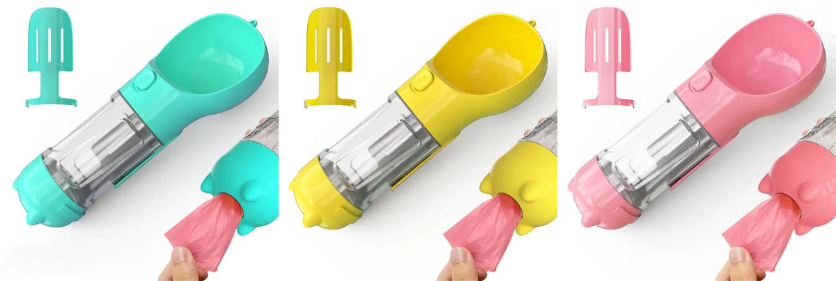 Pet water bottle feeder bowl with bag storage; AdTec 3-color set in turquoise, yellow, pink (3-pack)