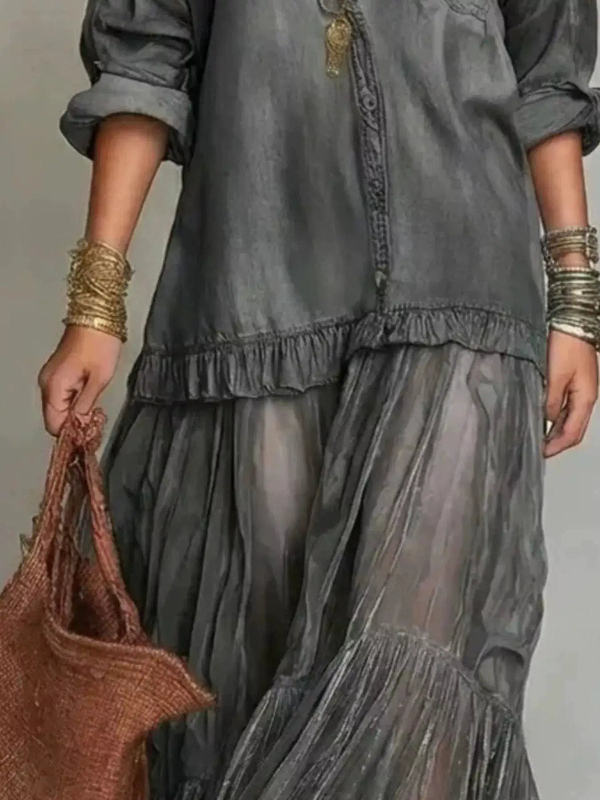 Trendsi plus-size denim shirt maxi dress with tiered ruffles and long sleeves in gray denim.
