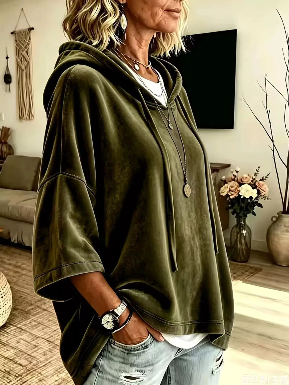 Velvet loose-fit hoodie with drawstring in olive green