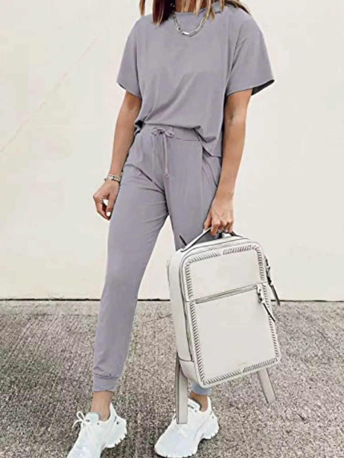 Plus-size gray round-neck top and drawstring pants 2-piece set by Trendsi with white backpack
