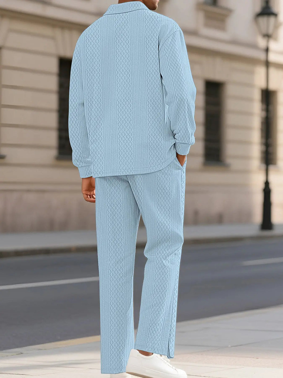 Mens textured long sleeve top and pants set plus size with pockets in light blue by Trendsi