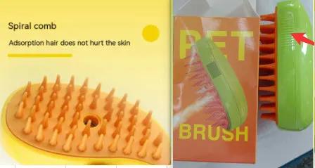 AdTec 3-in-1 pet grooming brush set: yellow spiral comb and green-handled brush with orange bristles.