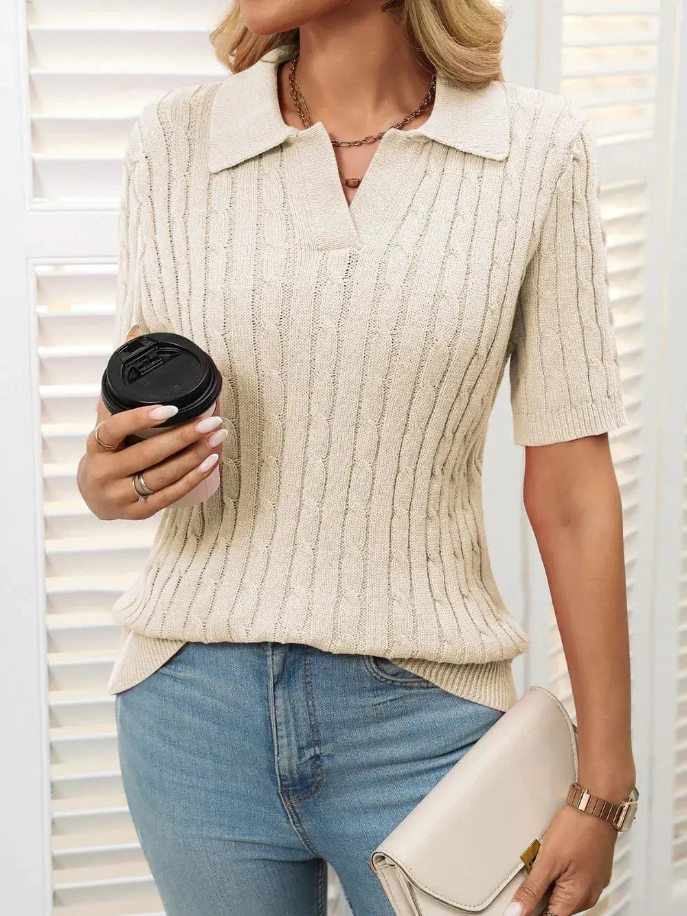 Soft cream cable-knit half-sleeve sweater with polo collar for women