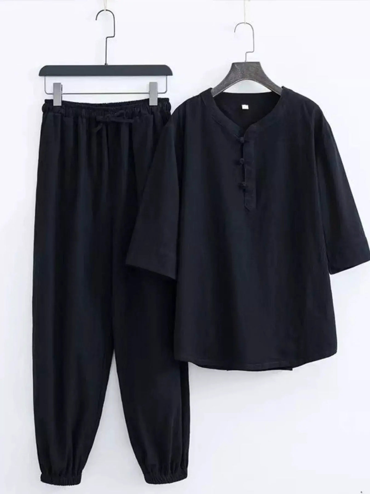 Men's plus-size Chinese-style pajama set, black top and pants, 2-piece by Trendsi