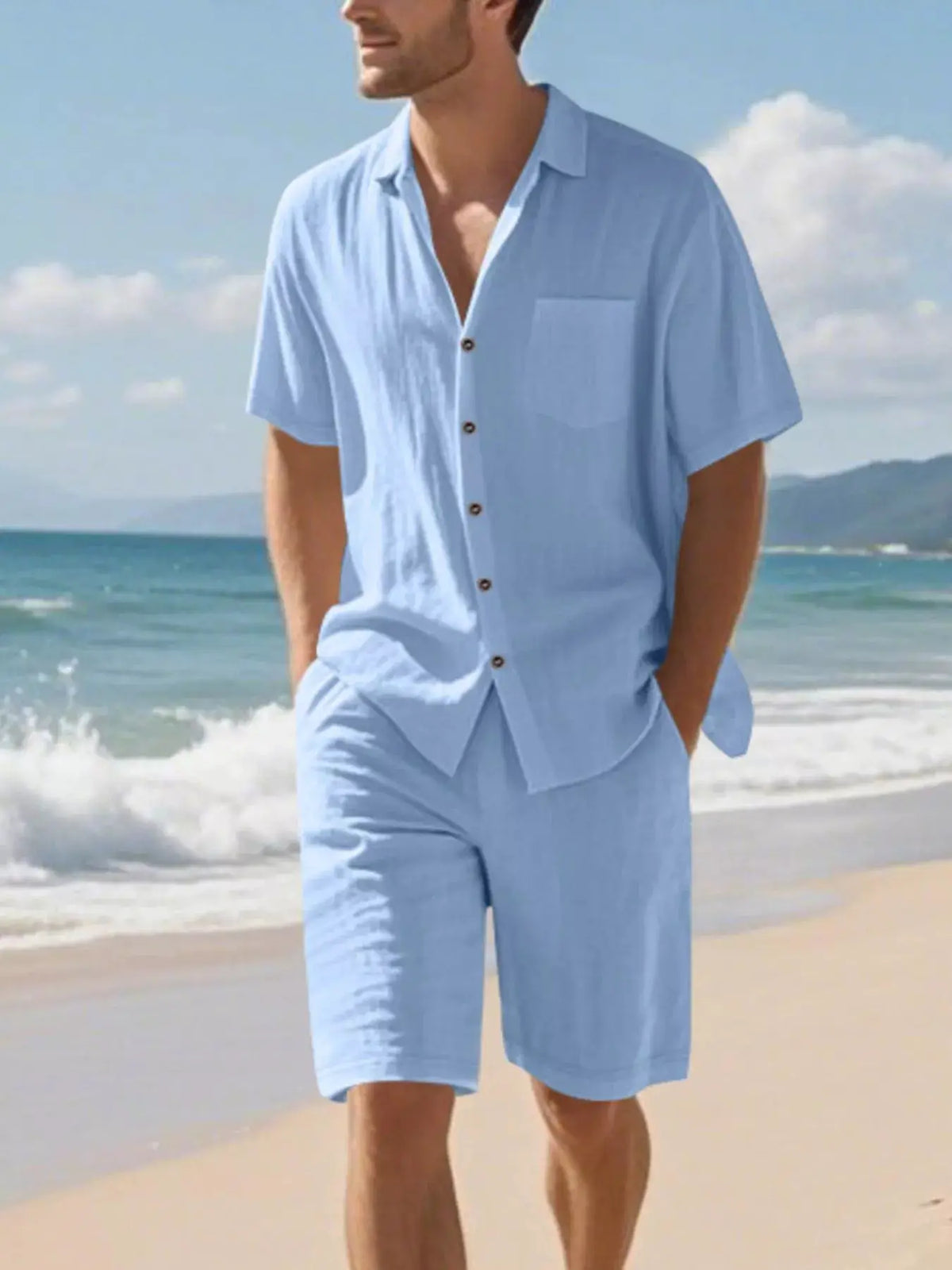 Mens plus-size two-piece set: light blue short-sleeve button-up shirt with pocket and matching shorts by Trendsi.