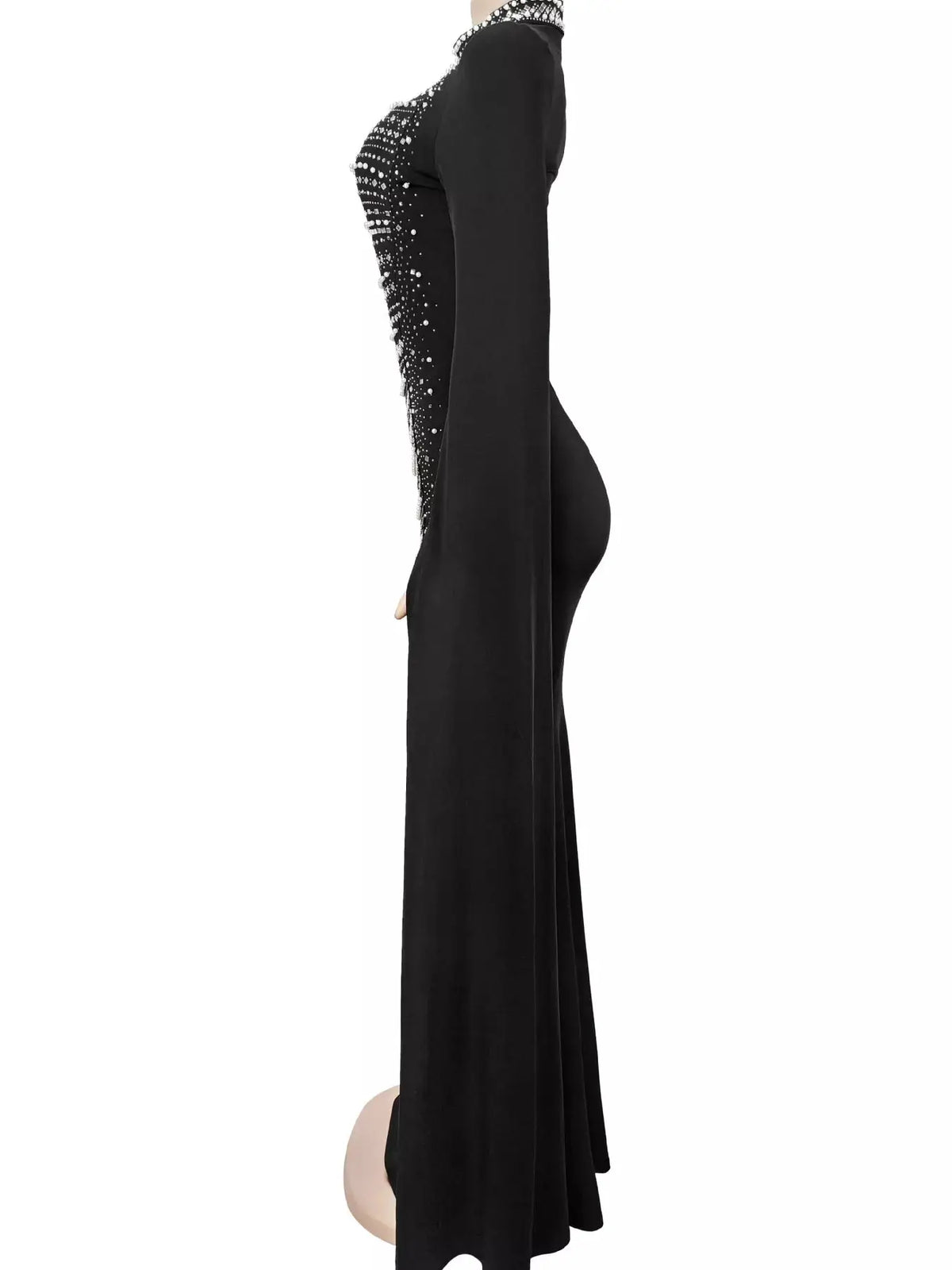 Rhinestone Slit Flare Sleeve Cape Maxi Dress, black with embellished cape front, Trendsi