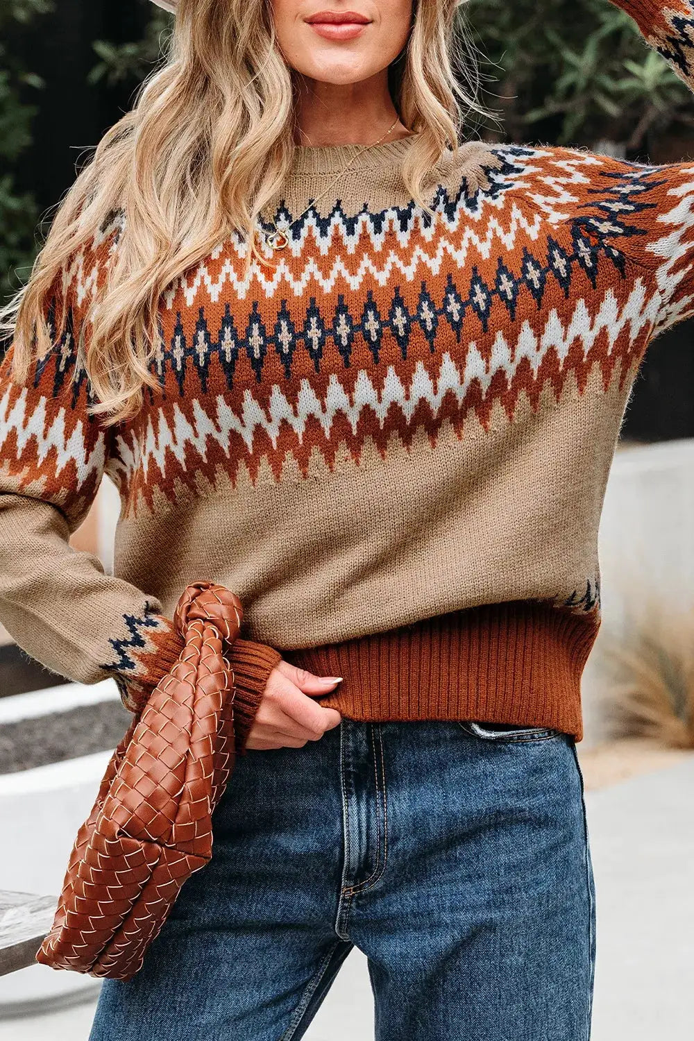 Geometric pattern long sleeve knit sweater in tan with orange and navy zigzag accents