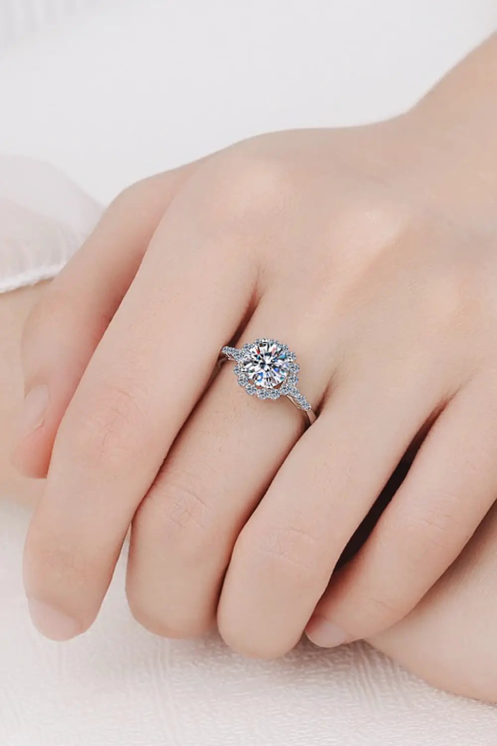 1 Carat Moissanite Rhodium-Plated Halo Ring for engagement