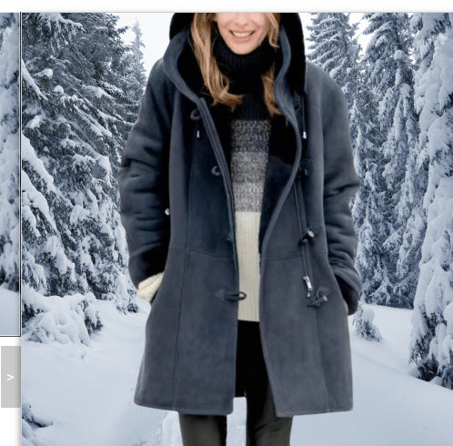 Women's Vintage Winter Coat by AdTec, dark gray hooded overcoat with front toggles.
