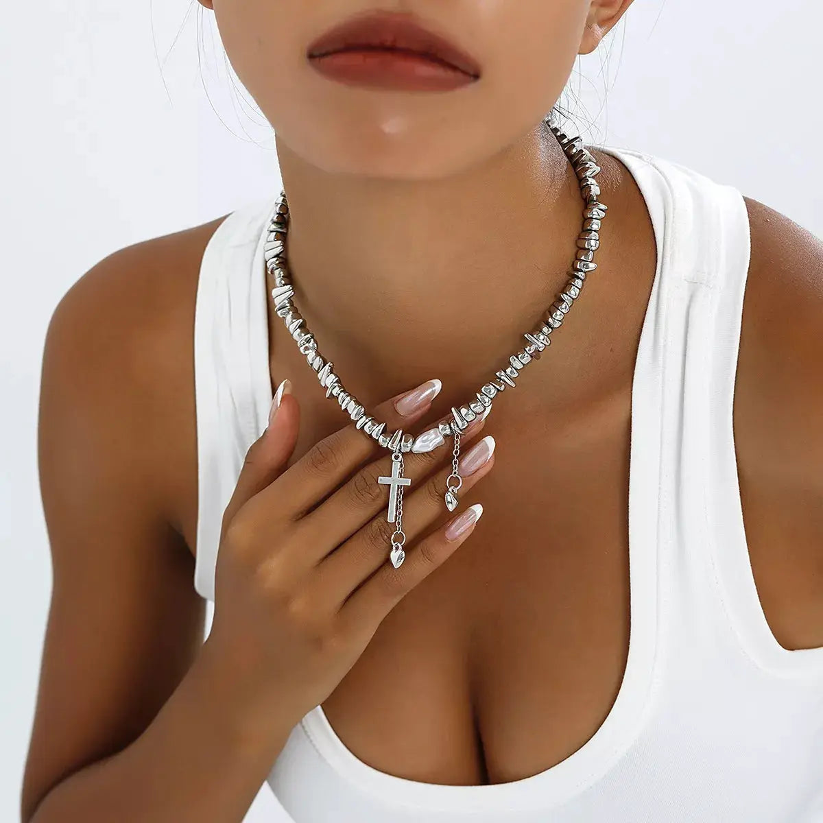 Chunky chain cross pendant necklace, silver-tone beads, Trendsi brand
