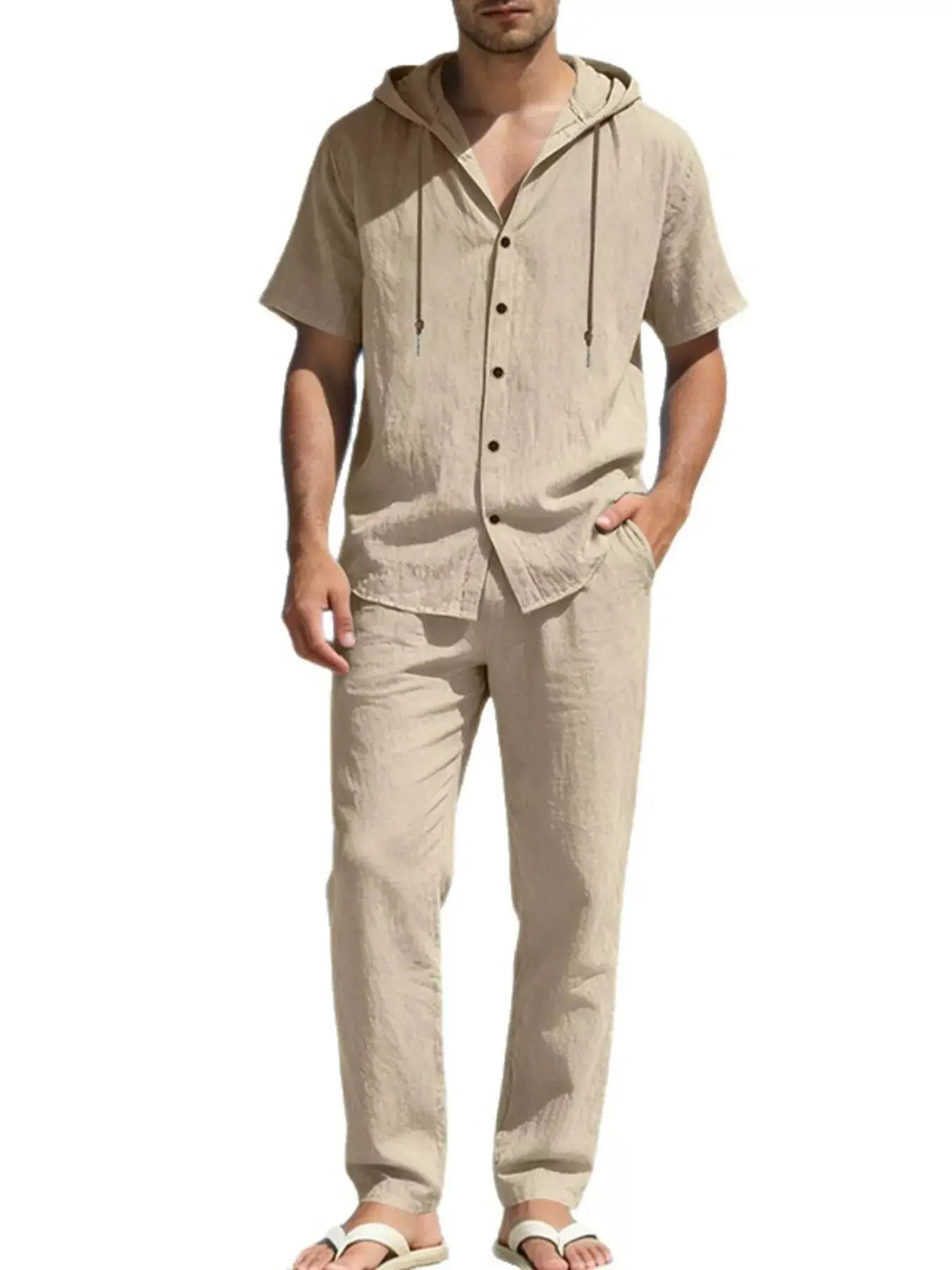 Mens breathable linen button-up hooded top and pants set in beige, plus size, by Trendsi