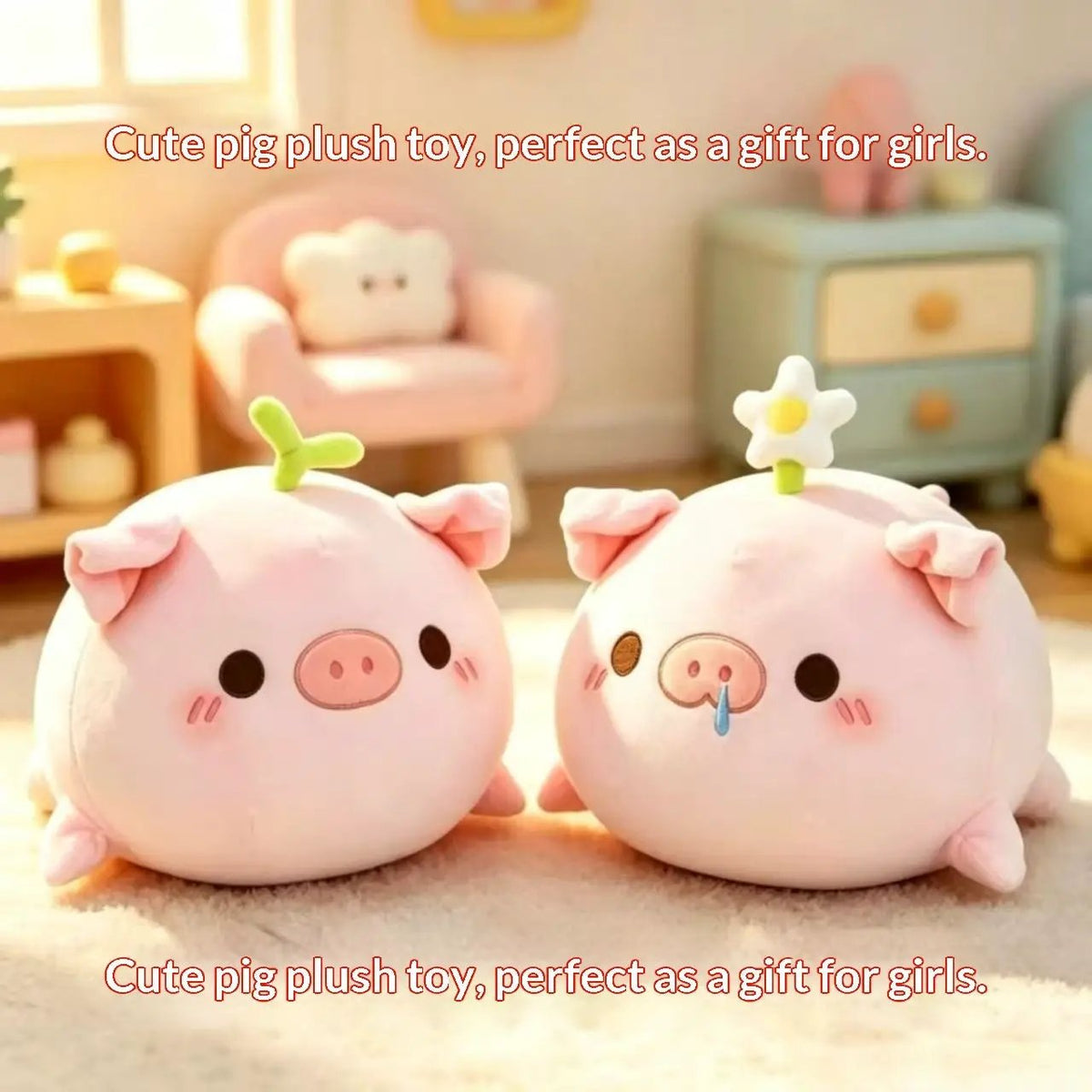 Cute piggy plush hug pillow pair, soft pink pig toys with tiny green stems, ideal for kids.