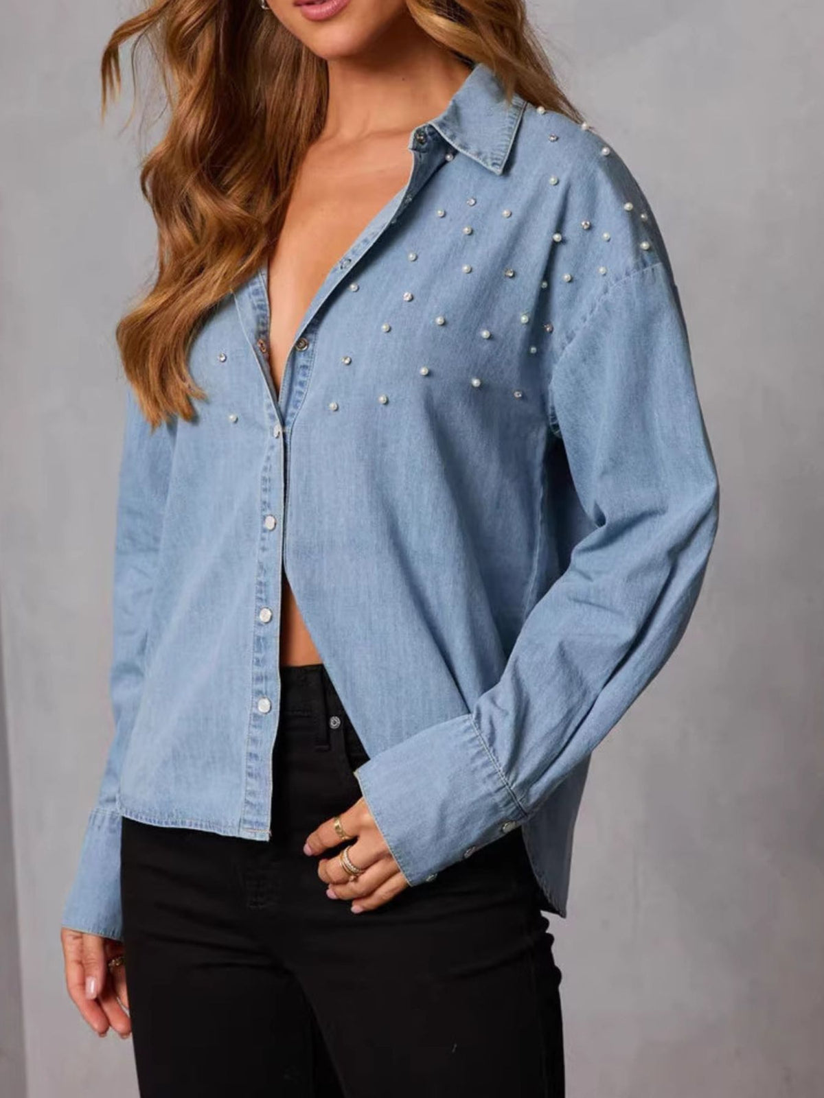 Pearl-embellished button-up denim shirt in light blue, soft comfort fit