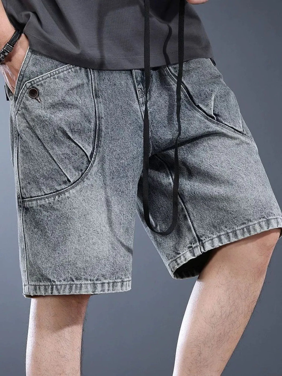 Mens plus size washed cargo cotton denim shorts, relaxed fit, grey denim with front cargo pockets
