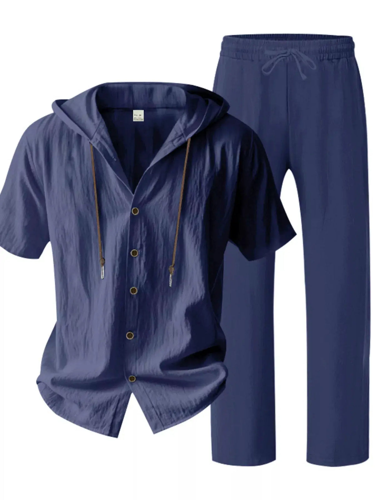 Mens breathable linen hooded button-up top and matching pants set, navy blue, plus size, by Trendsi