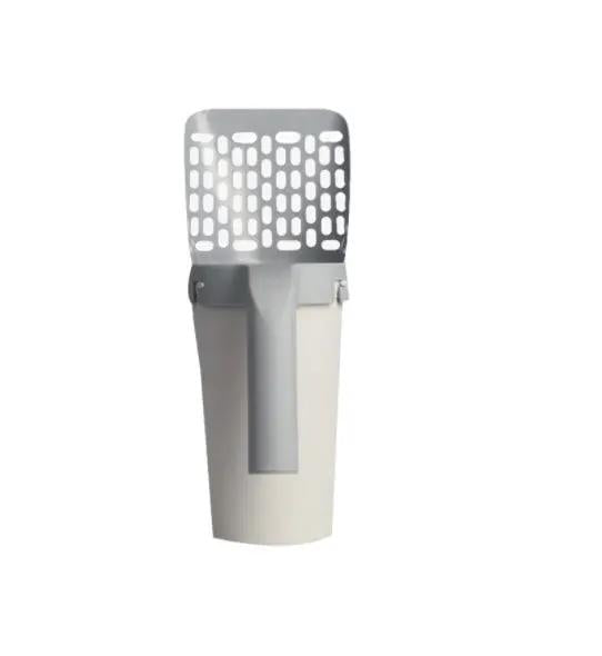 Toilet bucket with removable, washable integrated cat litter scoop in white and gray plastic.