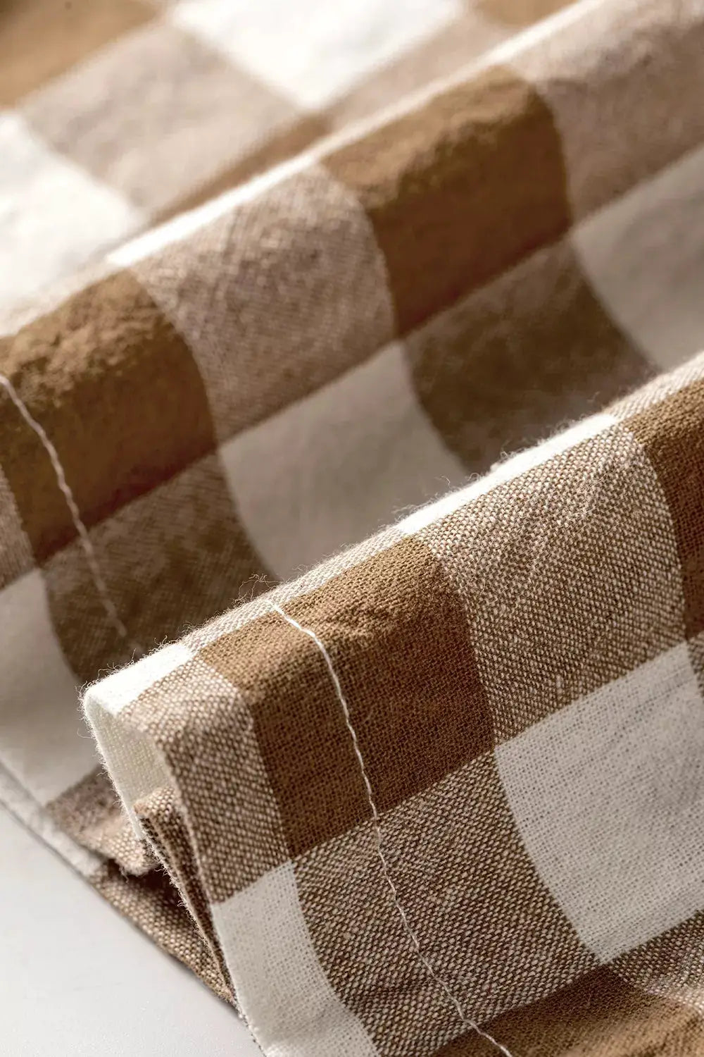 Gingham Plaid Tie Elastic Waist Shift Pants fabric in brown and beige checks