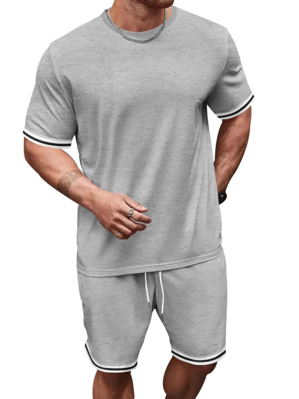 Men's gray two-piece summer set: short-sleeve tee and drawstring shorts with black and white striped trim