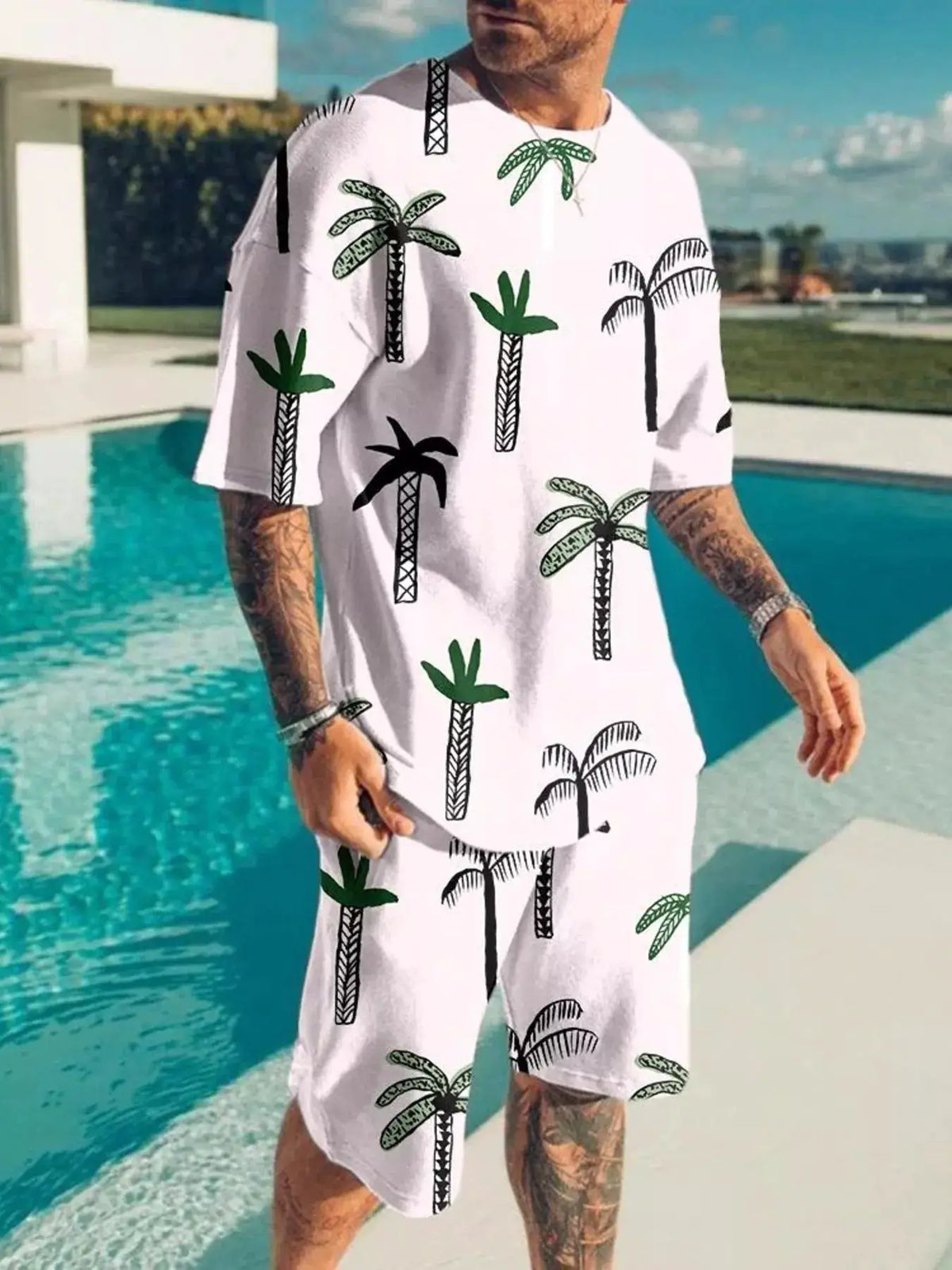 Men's palm tree print two-piece shorts set in white with green and black palms; plus size