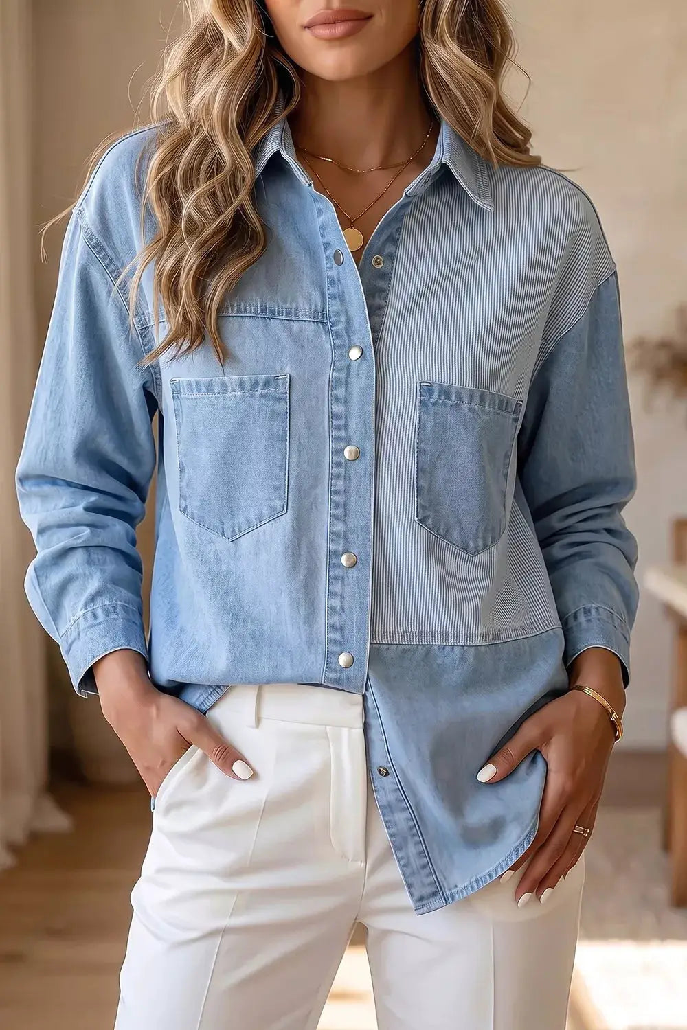 Two-tone denim patchwork button-down shirt by Trendsi, light blue cotton denim with striped panel