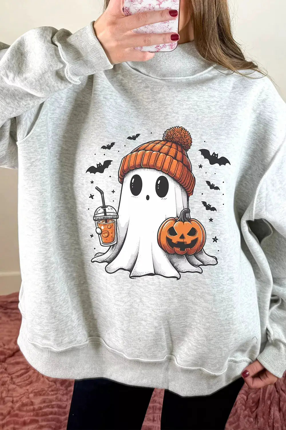 Reversible Halloween graphic mock-neck tunic sweatshirt from Trendsi in gray heather with ghost, pumpkin, and bats