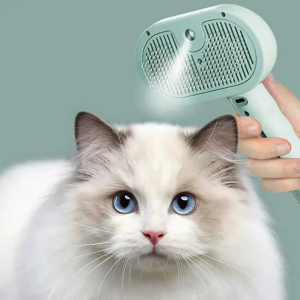Pet grooming spray hair comb; mint-green dematting tool used on a white cat