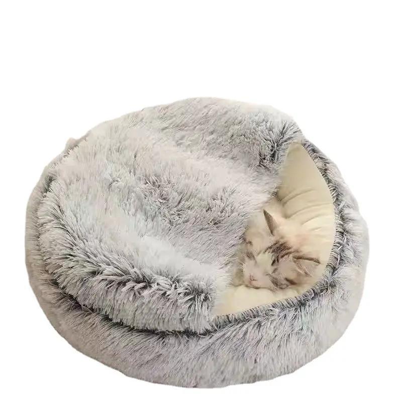 AdTec semi-closed plush cat bed, round gray faux-fur shell with cream interior for small pets