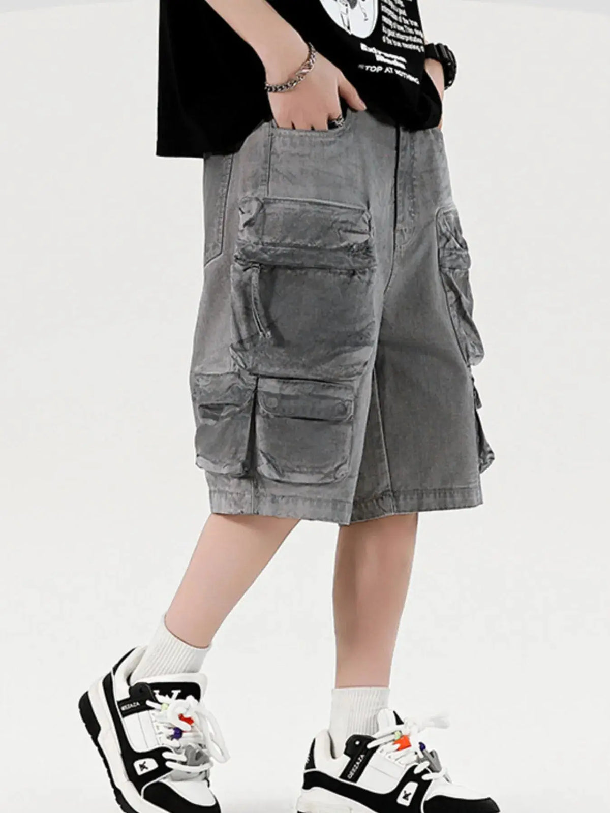 Men's wide-leg cargo denim shorts with stretch cotton and multiple pockets, gray wash, by Trendsi.