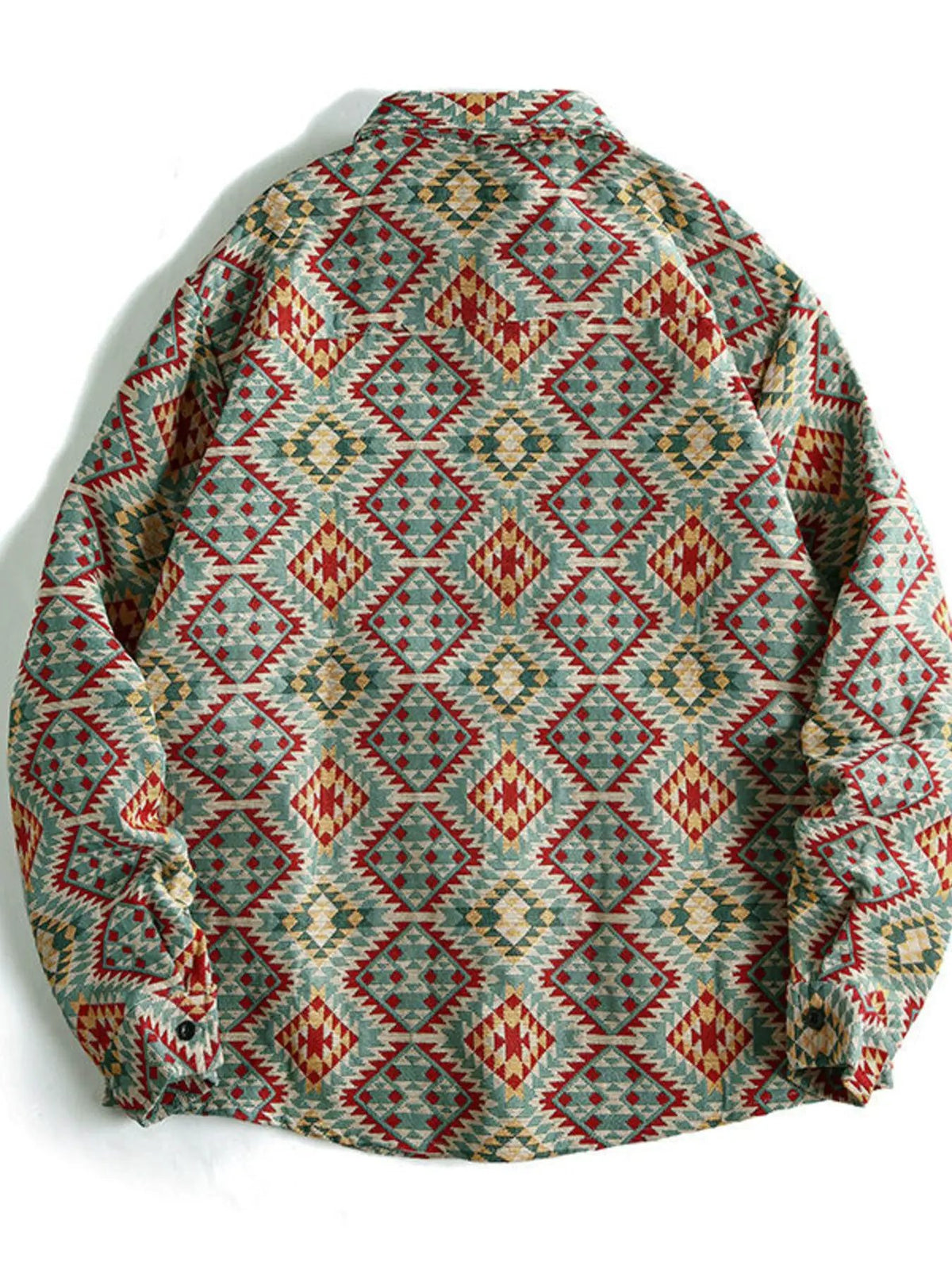 Men's Geometric Button-Up Shacket with teal, red, and yellow diamond pattern.