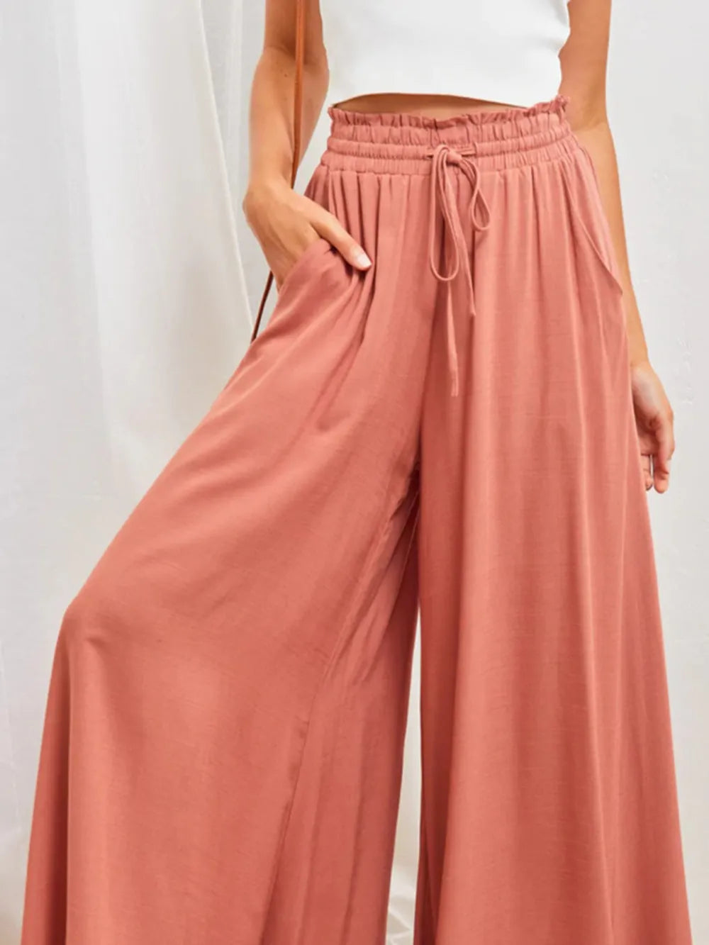 High Waist Wide-Leg Palazzo Pants by Trendsi, rose pink, pocketed sheer fabric.