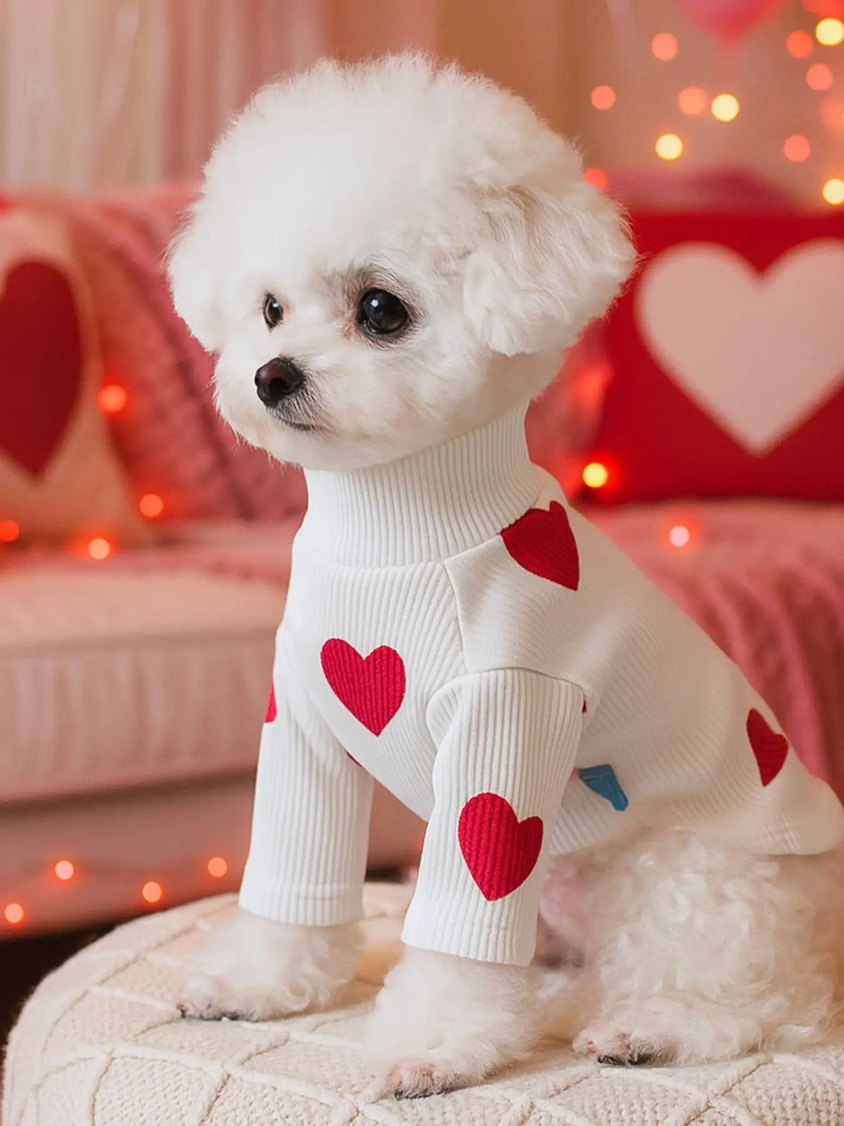 Heart Pattern Pet Sweater on white dog; ribbed knit with red hearts.