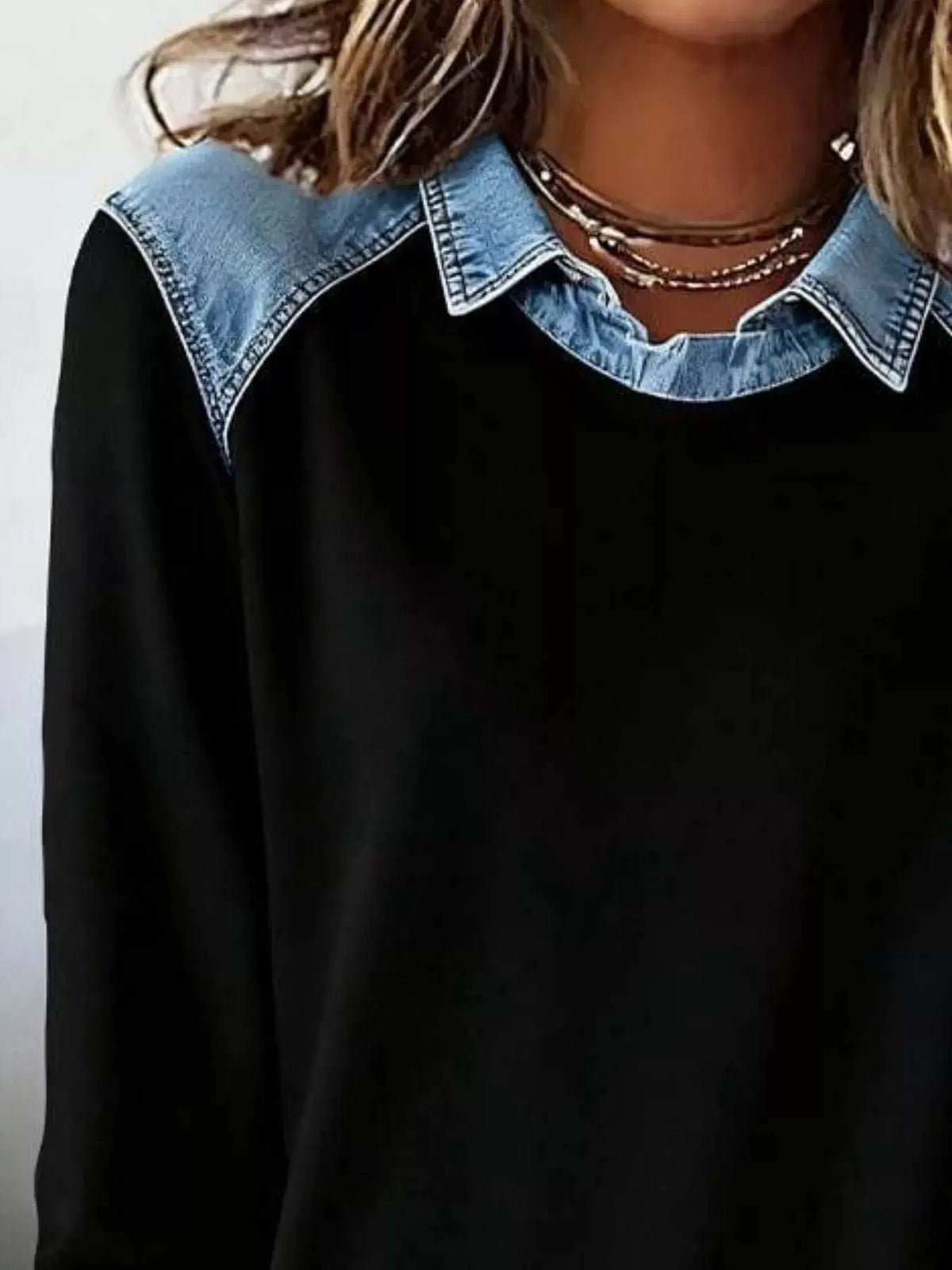 Classic Plus Size Long Sleeve Top with denim-trim collar overlay on black fabric