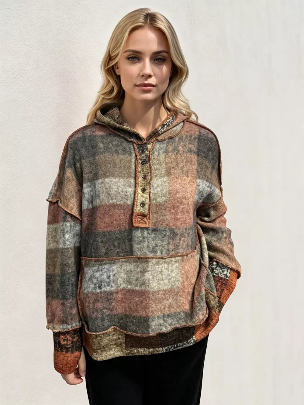 Plaid fleece hoodie, plus size, dropped-shoulder fit with button-placket detail in earth tones