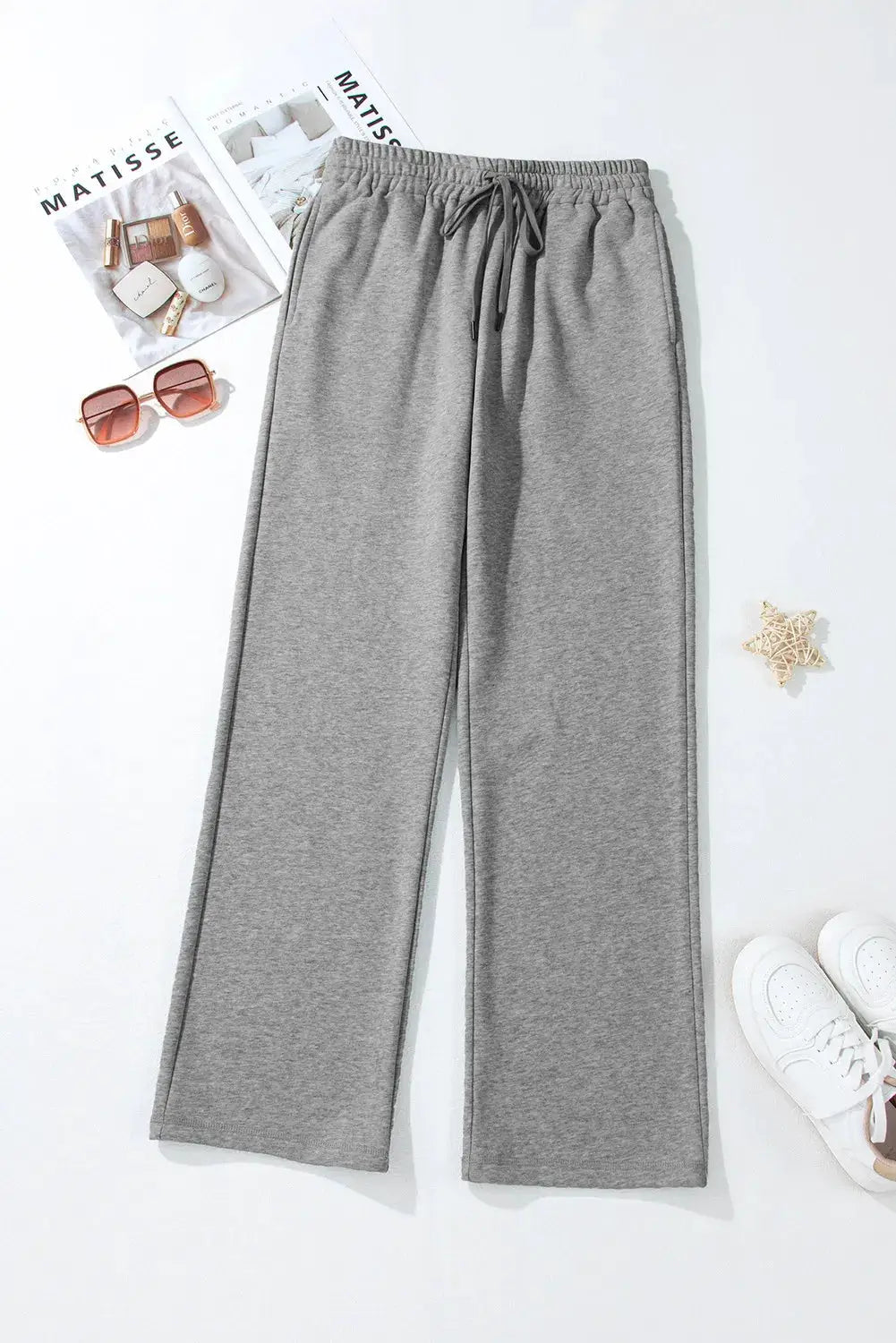Drawstring pants with pockets, gray lounge joggers with elastic waistband