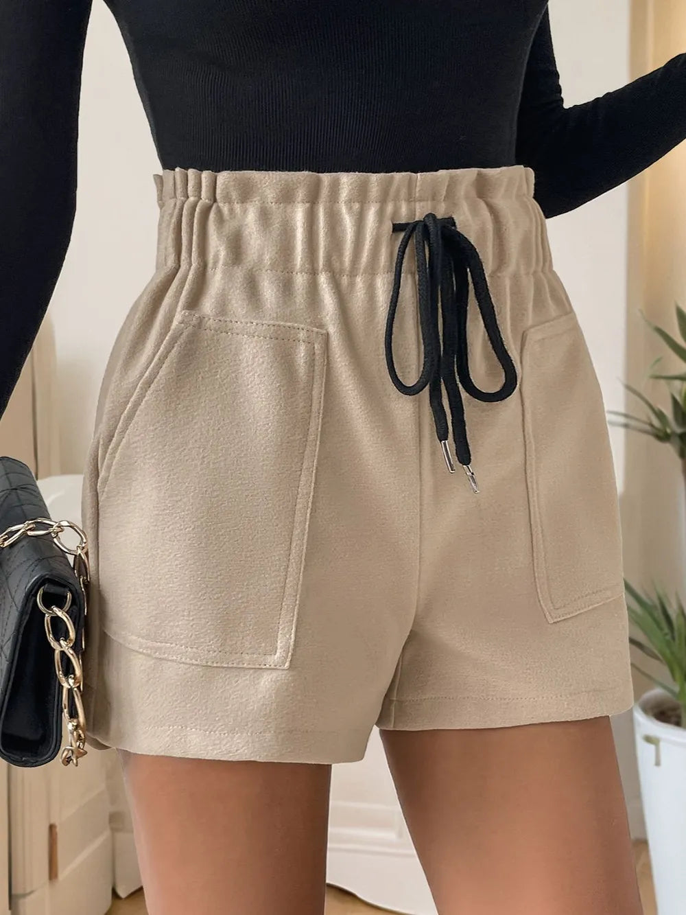 Perfee Frill Drawstring Shorts with Pockets, beige, elastic waistband, black drawstring