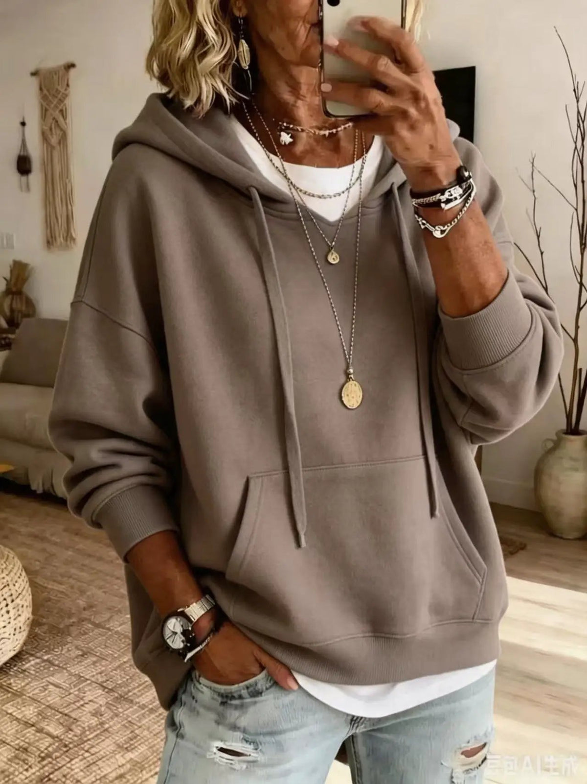 Womens casual loose-fitting hoodie with front pockets in taupe-gray and long sleeves