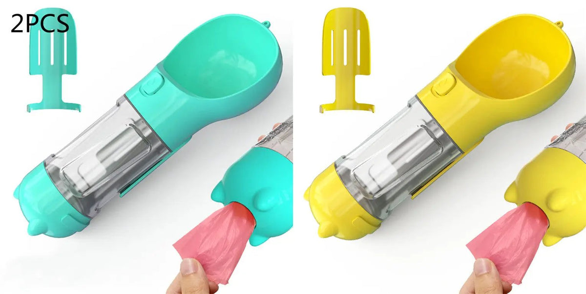 Pet water bottle feeder bowl by AdTec, 3-in-1 with garbage bag storage, turquoise & yellow 2-pack